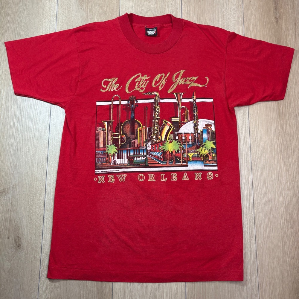 Vintage New Orleans City of Jazz T Shirt Screen Stars Red Glitter Boubon 1987